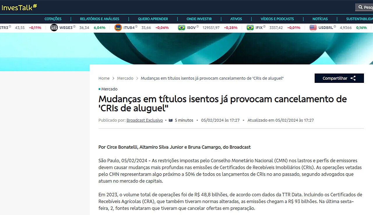 Mudanas em ttulos isentos j provocam cancelamento de 'CRIs de aluguel